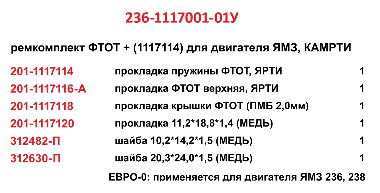 236-1117001-01У Ремкомплект ФТОТ + (114) уплотнение, КАМРТИ